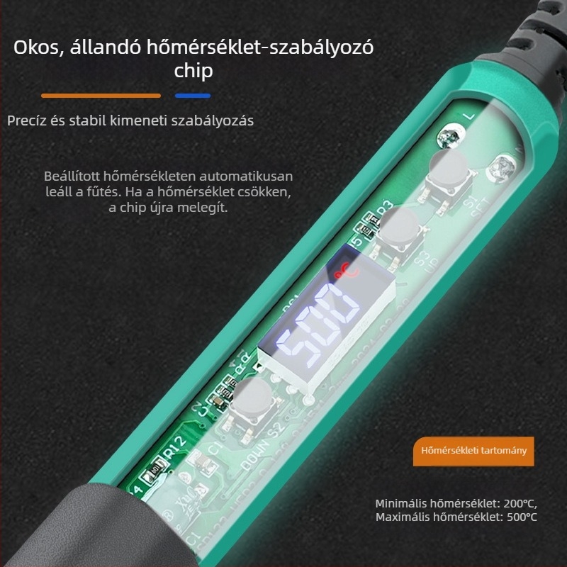 Digitális kijelzős, nagy teljesítményű állítható hőmérsékletű forrasztópisztoly, hosszú élettartam, 100–200 W, pengés és patkó alakú csúccsal, ipari színvonalú forrasztópisztoly