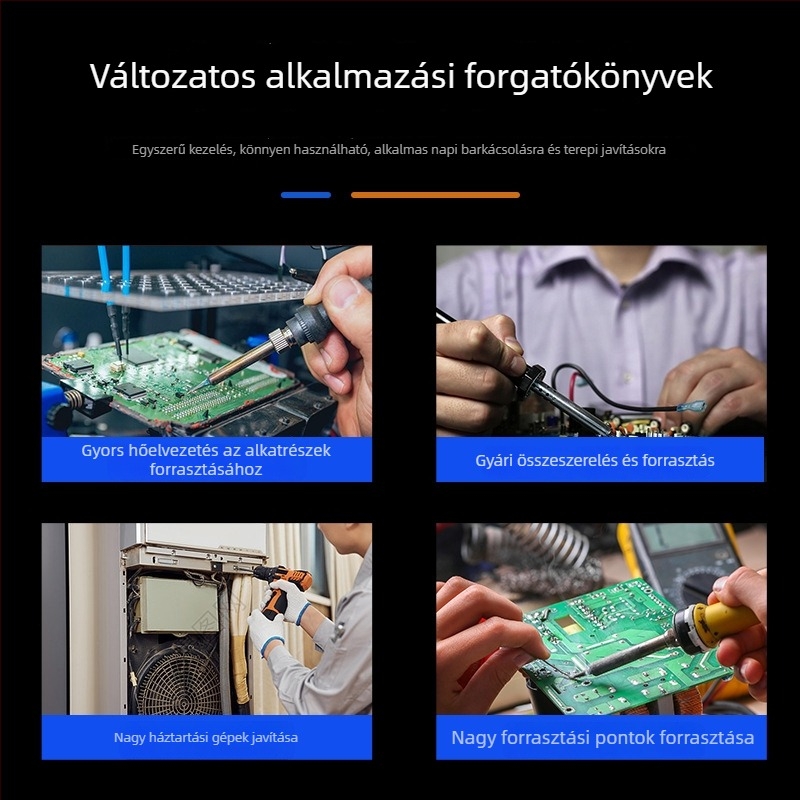 Digitális kijelzős, nagy teljesítményű állítható hőmérsékletű forrasztópisztoly, hosszú élettartam, 100–200 W, pengés és patkó alakú csúccsal, ipari színvonalú forrasztópisztoly