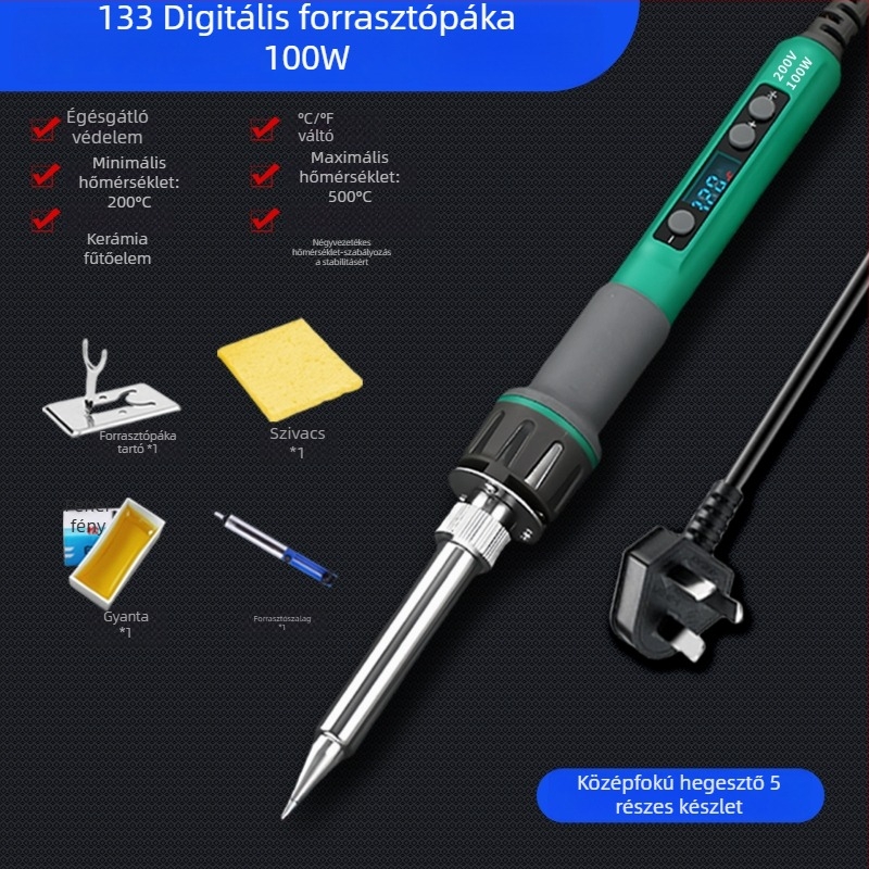 Digitális kijelzős, nagy teljesítményű állítható hőmérsékletű forrasztópisztoly, hosszú élettartam, 100–200 W, pengés és patkó alakú csúccsal, ipari színvonalú forrasztópisztoly