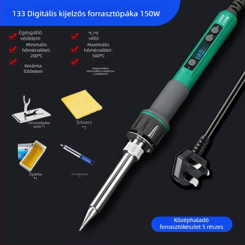 Digitális kijelzős, nagy teljesítményű állítható hőmérsékletű forrasztópisztoly, hosszú élettartam, 100–200 W, pengés és patkó alakú csúccsal, ipari színvonalú forrasztópisztoly