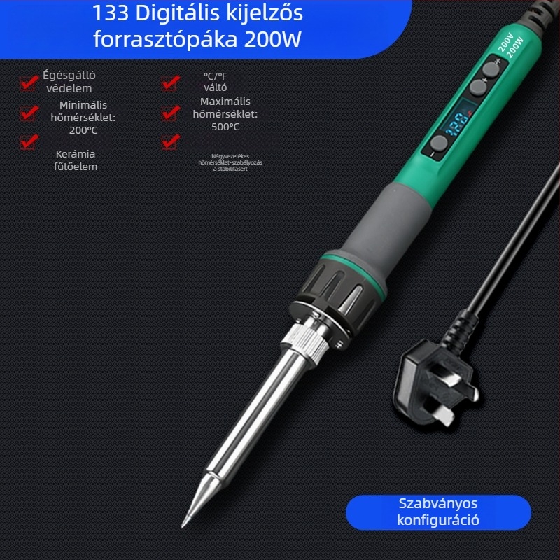 Digitális kijelzős, nagy teljesítményű állítható hőmérsékletű forrasztópisztoly, hosszú élettartam, 100–200 W, pengés és patkó alakú csúccsal, ipari színvonalú forrasztópisztoly