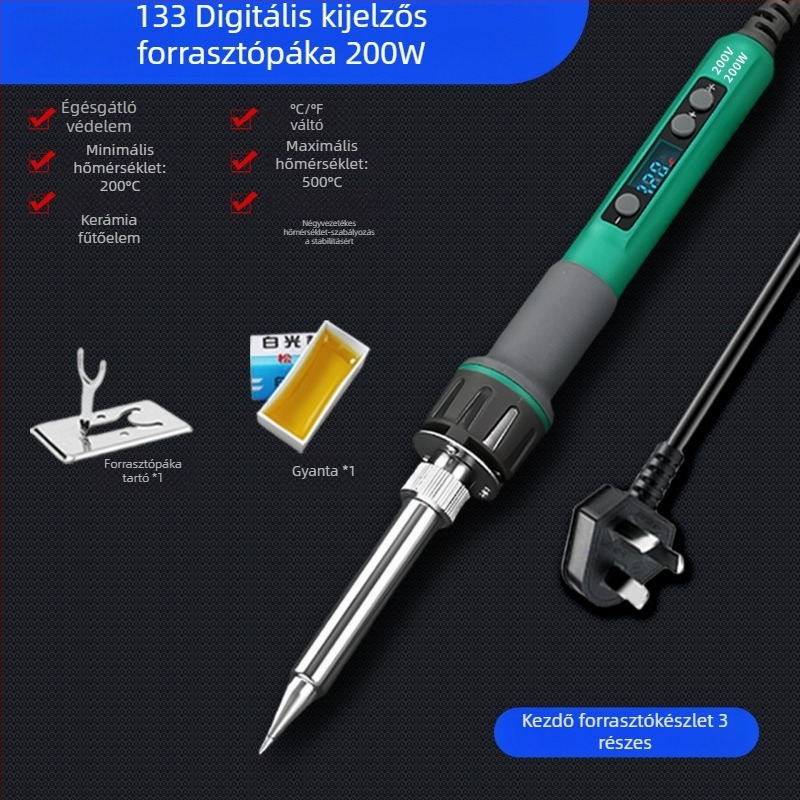 Digitális kijelzős, nagy teljesítményű állítható hőmérsékletű forrasztópisztoly, hosszú élettartam, 100–200 W, pengés és patkó alakú csúccsal, ipari színvonalú forrasztópisztoly