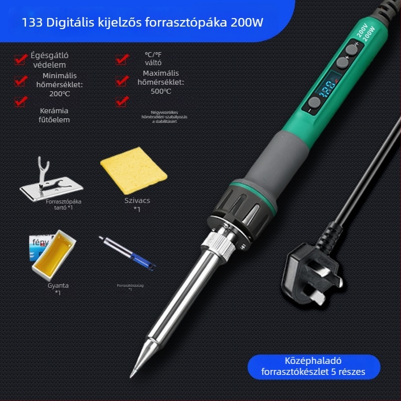 Digitális kijelzős, nagy teljesítményű állítható hőmérsékletű forrasztópisztoly, hosszú élettartam, 100–200 W, pengés és patkó alakú csúccsal, ipari színvonalú forrasztópisztoly