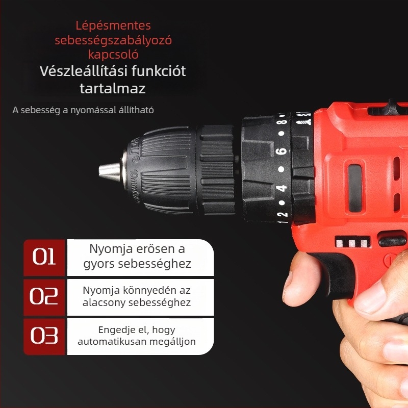 Woshili 12V–21V Li‑ion vezeték nélküli fúró és ütéses funkcióval, kézi csavarozó és háztartási többfunkciós eszköz