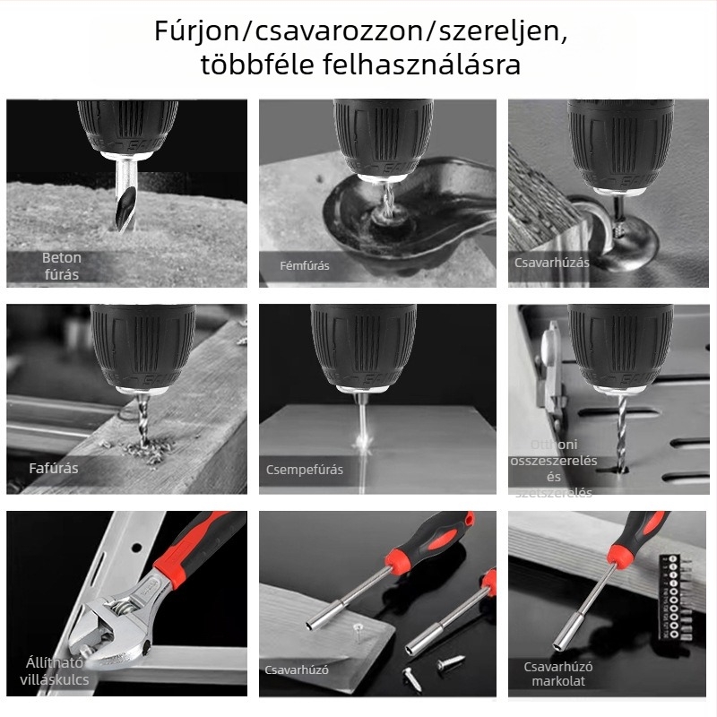 Woshili 12V–21V Li‑ion vezeték nélküli fúró és ütéses funkcióval, kézi csavarozó és háztartási többfunkciós eszköz