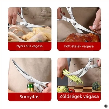 Rozsdamentes acél konyhai olló – nehéz csontolló, csirkecsontokhoz, grillsütőhöz, nyers és főtt hús vágásához, sokoldalú steak olló