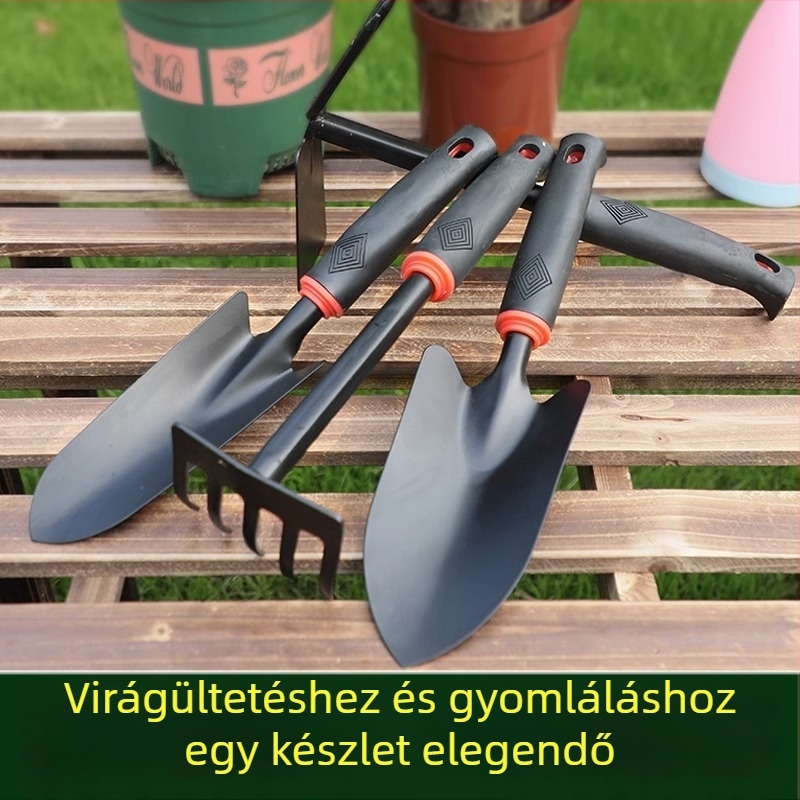 Háromrészes kerti szerszámkészlet, rozsdamentes acélból, kis ásókkal virágok és zöldségek ültetéséhez, talaj fellazításához és gyomirtáshoz