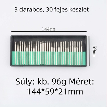 Gyémánt csiszolófejek készlet, 30 darab, 3,25 mm-es szárhoz, elektroplátolt bevonattal, csiszoláshoz és polírozáshoz, kopásálló