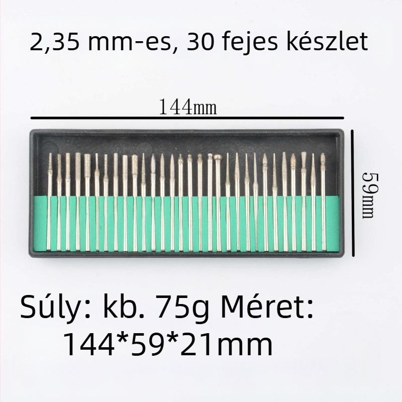 Gyémánt csiszolófejek készlet, 30 darab, 3,25 mm-es szárhoz, elektroplátolt bevonattal, csiszoláshoz és polírozáshoz, kopásálló