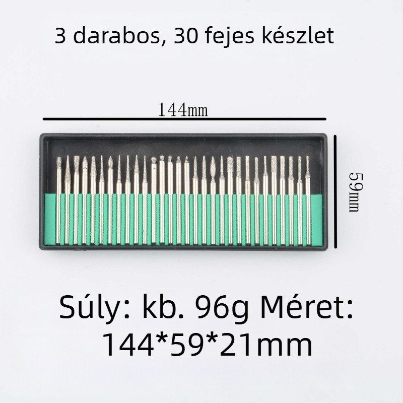 Gyémánt csiszolófejek készlet, 30 darab, 3,25 mm-es szárhoz, elektroplátolt bevonattal, csiszoláshoz és polírozáshoz, kopásálló