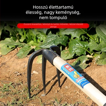 Háromágú gereblye magas széntartalmú acélból a talaj felforgatására és gyomirtásra