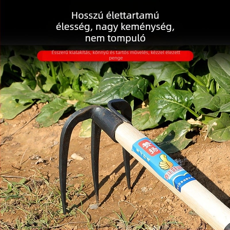 Háromágú gereblye magas széntartalmú acélból a talaj felforgatására és gyomirtásra