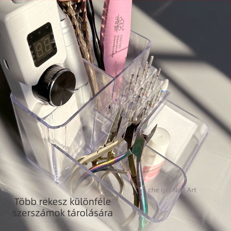 Körömcsiszoló tároló doboz, csiszolófej tartó, tolltartó és asztali rendező a körömápolási eszközökhöz