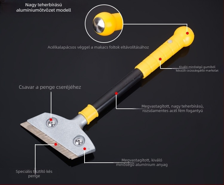 600 mm hosszú nyelű tisztító spatula, nehéz alumínium fejjel, padló- és csempe-tisztításhoz