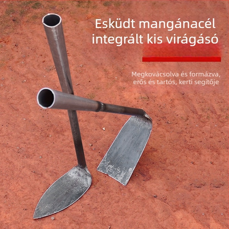 Teljes acélból készült kis kerti eszköz gyomirtásra és zöldségek és virágok ültetésére – talajásásra tervezett, multifunkciós kertészeti eszköz
