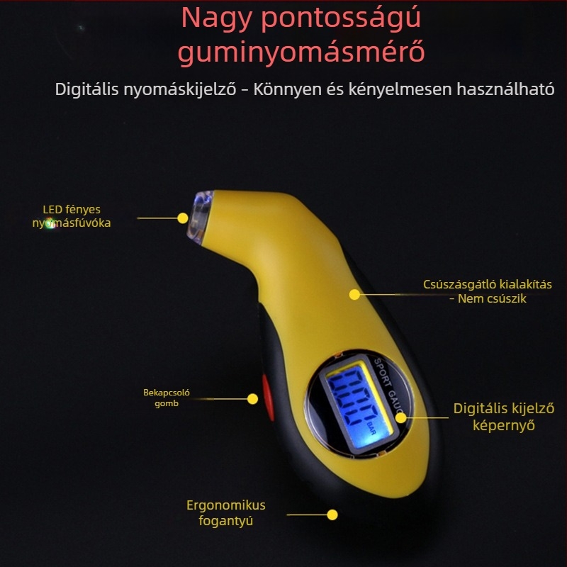 Autó gumiabroncs-nyomásmérő pisztoly formájú, nagy pontosságú digitális kijelzővel