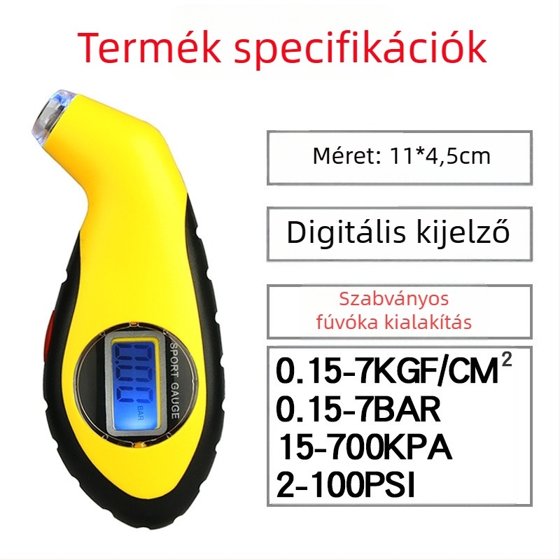 Autó gumiabroncs-nyomásmérő pisztoly formájú, nagy pontosságú digitális kijelzővel