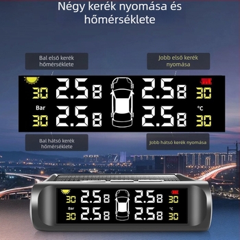 Vezeték nélküli keréknyomás-figyelő autók és teherautók számára, beépített külső érzékelővel, napelemes működés, háromjegyű, nagy pontosságú kijelző