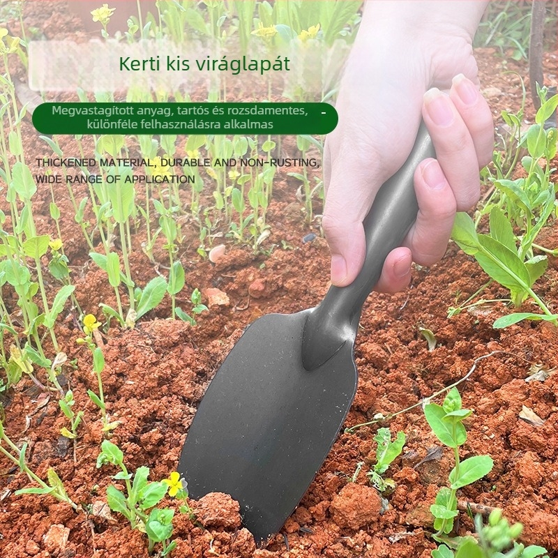 Kis méretű kerti lapát vastag fejű kivitelben, kültéri ásáshoz, zöldségek ültetéséhez és virágok ápolásához.