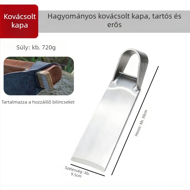Lapos kapa fából készült nyéllel, kemény talaj ásásához, terület tisztításához és megforgatásához; kovácsolt mangán- és rugóacélból.