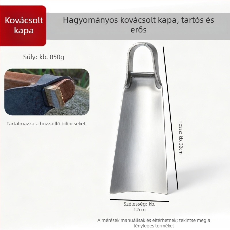 Lapos kapa fából készült nyéllel, kemény talaj ásásához, terület tisztításához és megforgatásához; kovácsolt mangán- és rugóacélból.