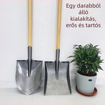 Mangánacélból készült ásó vastag fa nyéllel; kertészkedéshez, ásáshoz és fák ültetéséhez; négyszögletes penge és hegyes penge; mezőgazdasági és háztartási eszközök