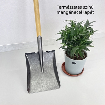 Mangánacélból készült ásó vastag fa nyéllel; kertészkedéshez, ásáshoz és fák ültetéséhez; négyszögletes penge és hegyes penge; mezőgazdasági és háztartási eszközök
