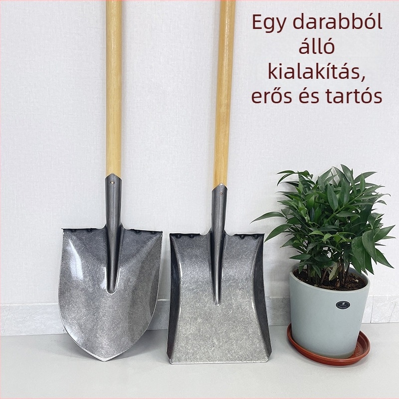 Mangánacélból készült ásó vastag fa nyéllel; kertészkedéshez, ásáshoz és fák ültetéséhez; négyszögletes penge és hegyes penge; mezőgazdasági és háztartási eszközök