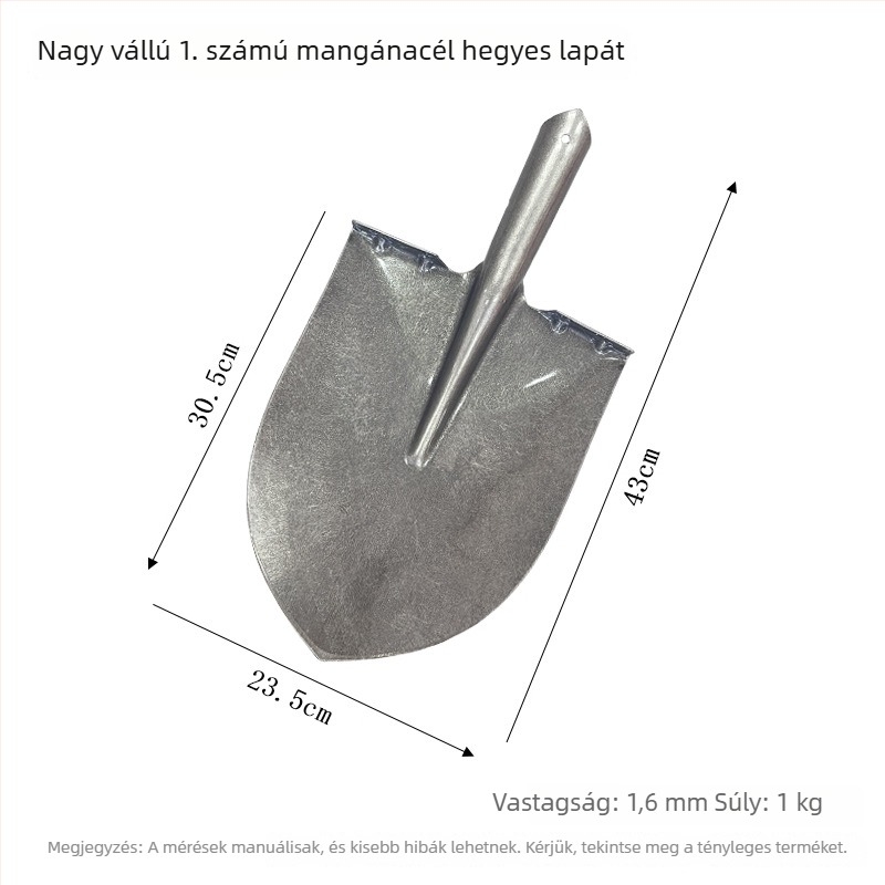 Mangánacélból készült ásó vastag fa nyéllel; kertészkedéshez, ásáshoz és fák ültetéséhez; négyszögletes penge és hegyes penge; mezőgazdasági és háztartási eszközök