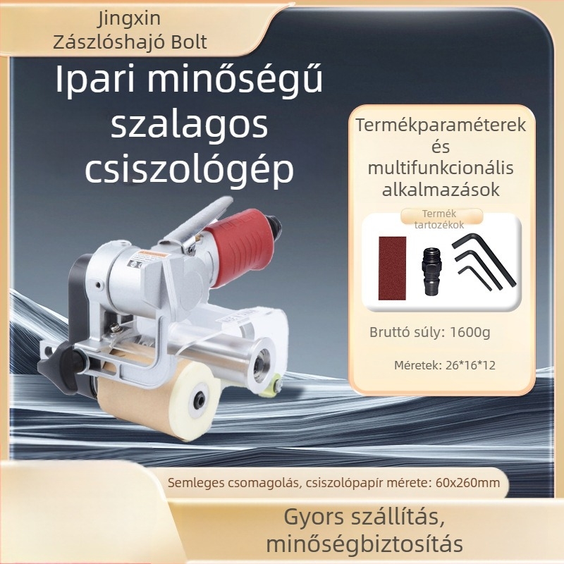 Kompakt kézben tartható tank-stílusú csiszológép, 60×260 mm-es pneumatikus szalaggal, faipari felhasználásra – csiszolás, polírozás, élzárás és finomítás