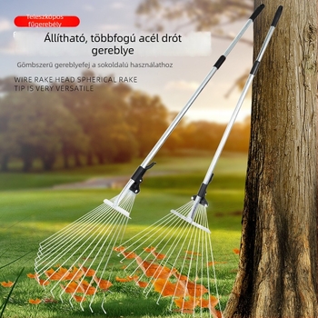 Kinyitható nyéllel ellátott lomb- és fűgereblye acél huzalos fogakkal