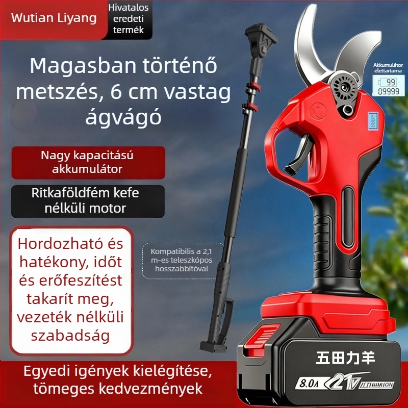 Elektromos metszőolló, kézben tartható kerti ágvágó, gyümölcsfa metszőolló Li-ion akkumulátorral