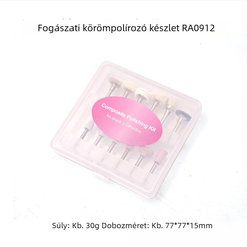 Fogászati és köröm polírozó készlet: alacsony fordulatszámú forgófúró RA markolattal, polírozó kefék, 12 darab (RA0912)
