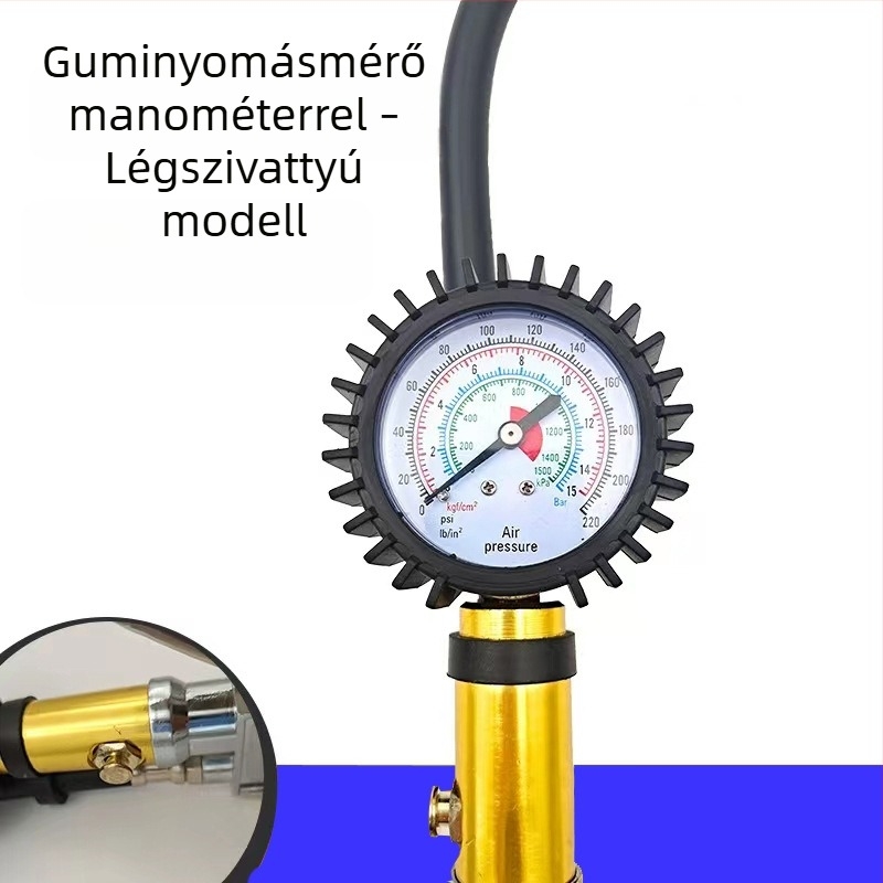Rúd típusú gumiabroncs-fújópisztoly autókhoz és motorkerékpárokhoz, manométerrel, 0-220 PSI, 510 mm hosszú, fémből készült, felfúj és leereszt