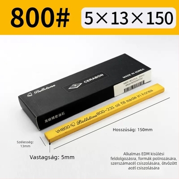 Olajos kő fémek polírozásához, méretek 5×13×150 mm, sárga Bellstone VH típus, alumínium abrazív, szemcse 150–3000 mesh