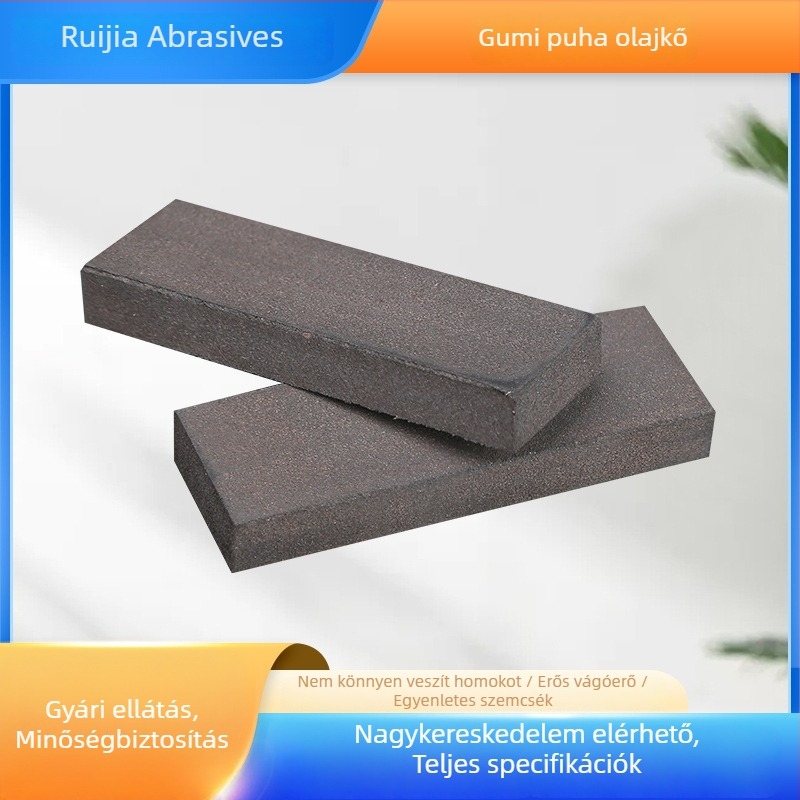 Kétoldalas gumírozott olajos köszörűkő, méret 75 × 25 × 10 mm, barna korundum