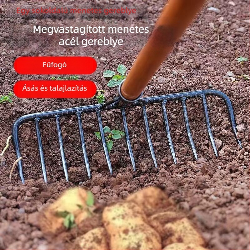 Kilencfogú vasgereblye kerti egyengetésre és talaj lazítására – multifunkcionális eszköz fűhöz és talaj megforgatásához