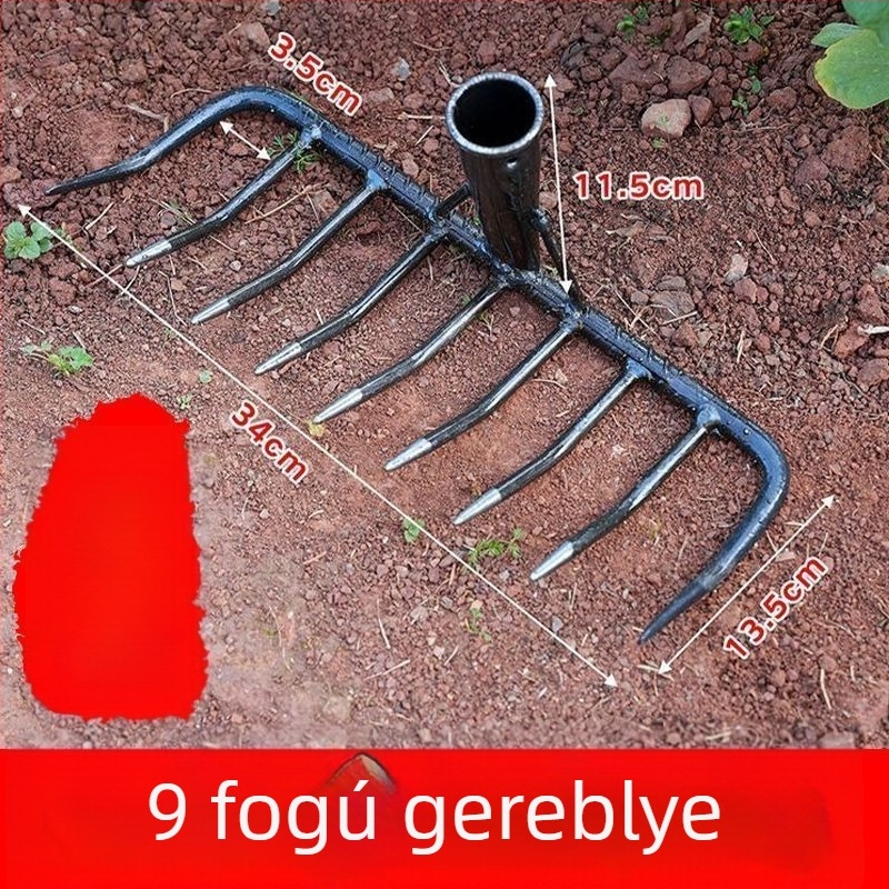 Kilencfogú vasgereblye kerti egyengetésre és talaj lazítására – multifunkcionális eszköz fűhöz és talaj megforgatásához