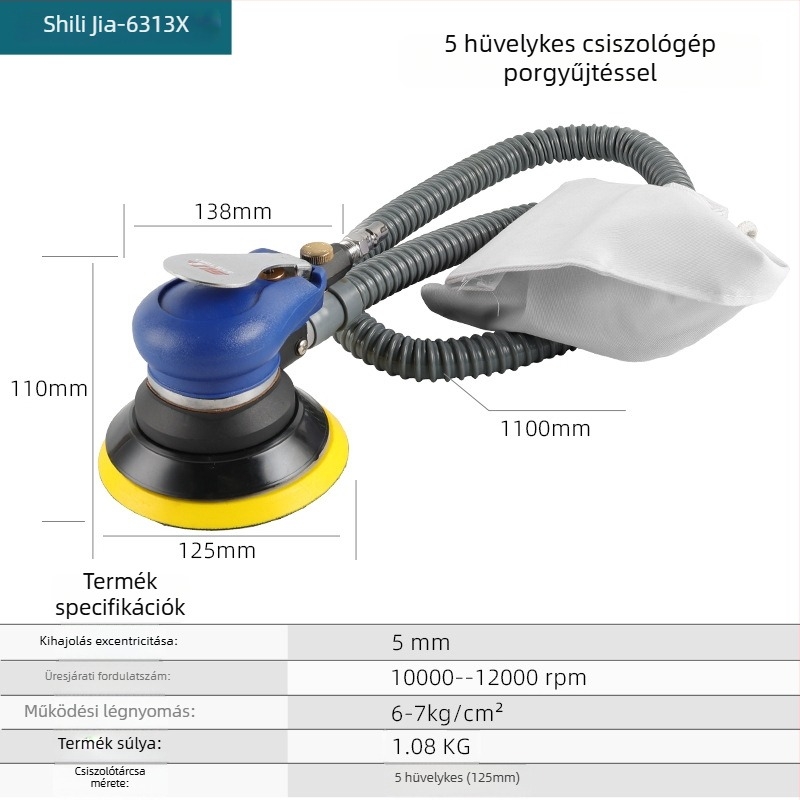 5–6 hüvelykes pneumatikus csiszoló, faipari csiszoló és autópolírozó porgyűjtő rendszerrel