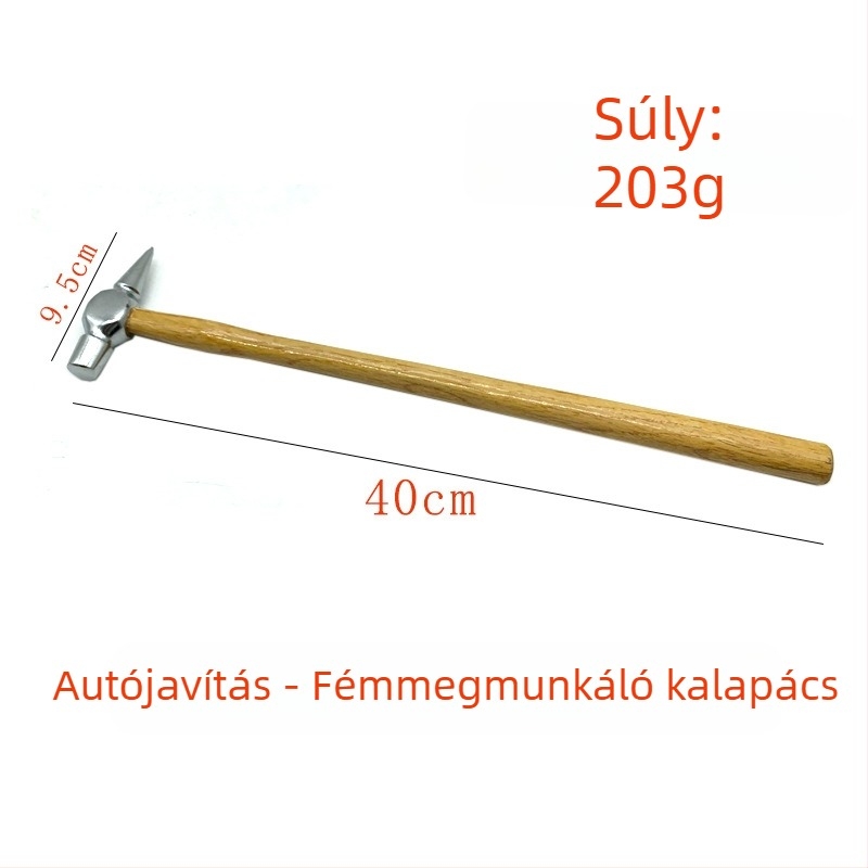 40 cm-es lemezkalapács hosszú fa markolattal, autó karosszéria domborodásainak javítására, hegyes kiegyenlítő kalapács vas fejjel
