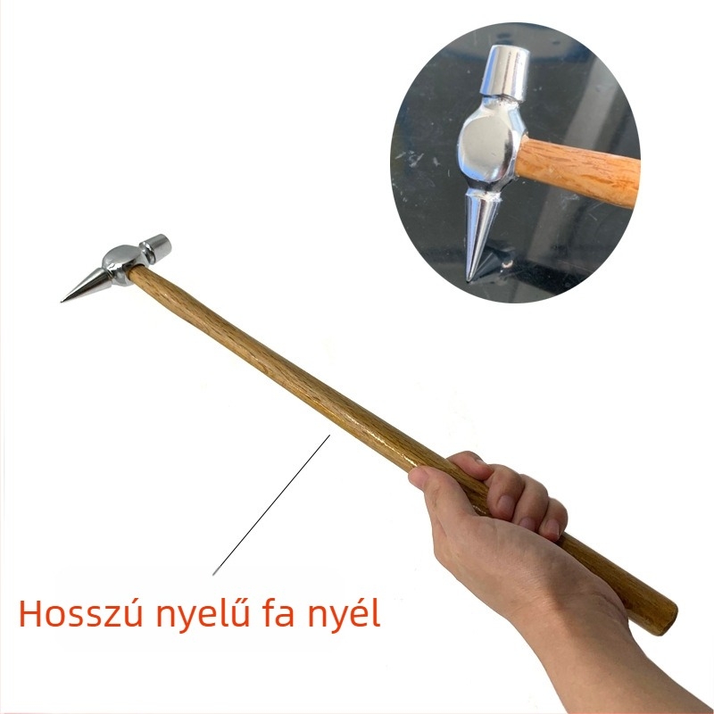 40 cm-es lemezkalapács hosszú fa markolattal, autó karosszéria domborodásainak javítására, hegyes kiegyenlítő kalapács vas fejjel