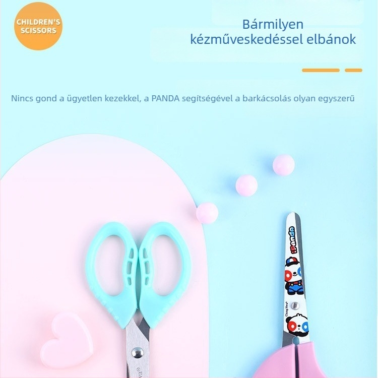 Gyerekeknek készült olló kerek heggyel, műanyag fogantyúval, rozsdamentes acél pengékkel