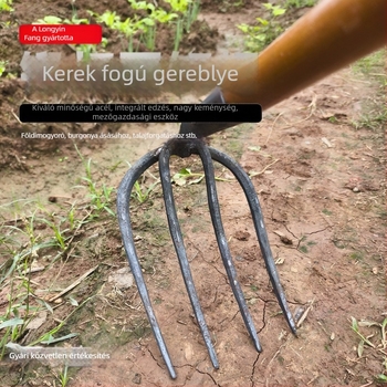 Kovácsolt körkörös négydontos gereblye talaj átforgatására és lazítására zöldségkertben
