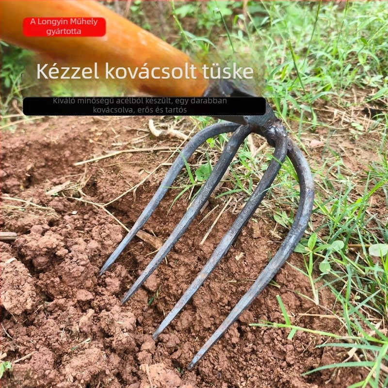 Kovácsolt körkörös négydontos gereblye talaj átforgatására és lazítására zöldségkertben