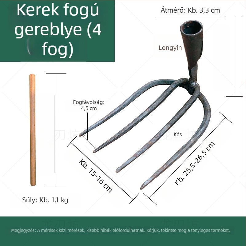 Kovácsolt körkörös négydontos gereblye talaj átforgatására és lazítására zöldségkertben