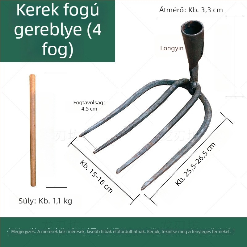 Kovácsolt körkörös négydontos gereblye talaj átforgatására és lazítására zöldségkertben