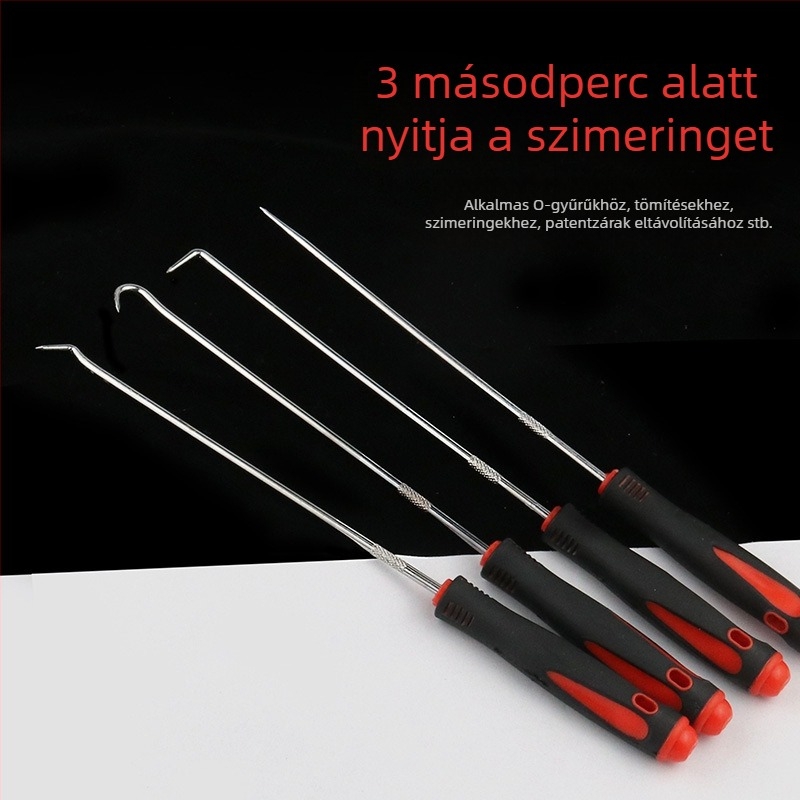 4 részes olajszimering-készlet: olajszimering beépítő eszköz, szimering kampó, kiszedő eszköz és demontáló kampó – autó karbantartási eszköz