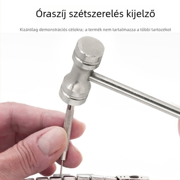 Óraszerviz szerszámkészlet: kör alakú kalapács és párna, csúszásmentes textúrájú fogantyú, négy lábú acél talp – stabil és ütésálló