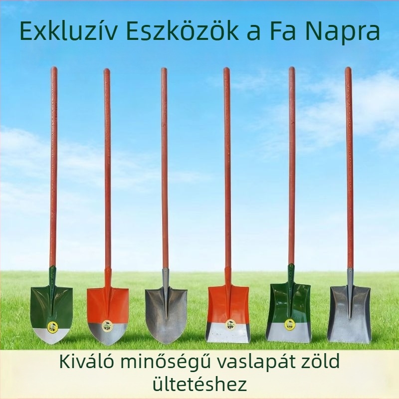 Mangánacélból készült vastag pengéjű ásó, fá ültetésére, kertészkedésre és otthoni használatra; kültéri munkákhoz, terület tisztításához és mezőgazdasági felhasználáshoz.