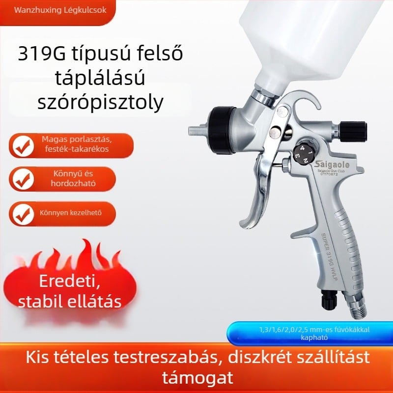 Saigaole Felső-tartályos Festékszóró Pisztoly autókhoz, lemezhez és bútorokhoz, kézi működés, 1.3/1.6/2.0/2.5 mm fúvókák
